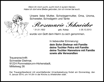 Traueranzeige von Rosemarie Schneider von Hersbrucker Zeitung